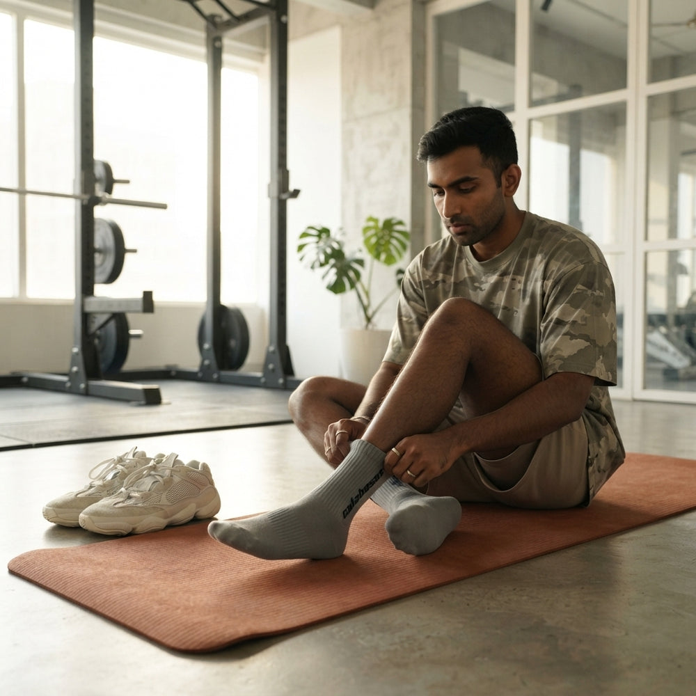 A South Asian person putting on custom embroidered sports socks while sitting on a burnt sienna mat in a modern studio.